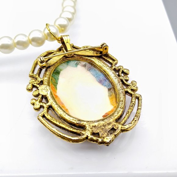 Pastel Floral Pendant Brooch Necklace, Vintage Sugar Pin in Ornate Gold Tone - Picture 5 of 5